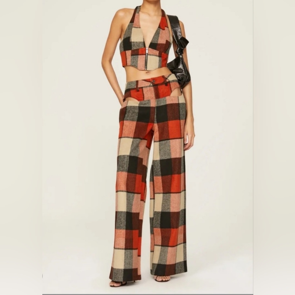 Plaid Cut-out pant suit, red, black & cream plaid. M top, size 29 pants.